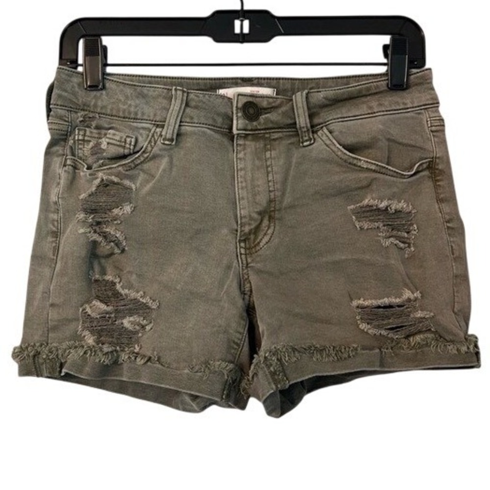 Low Rise Midi Distressed Denim Shorts Olive Green Frayed Hem Size 5 Y2K Grunge